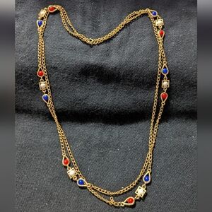 Vintage Gold Tone with Red White and Blue Accents Long Chain Statement Necklace